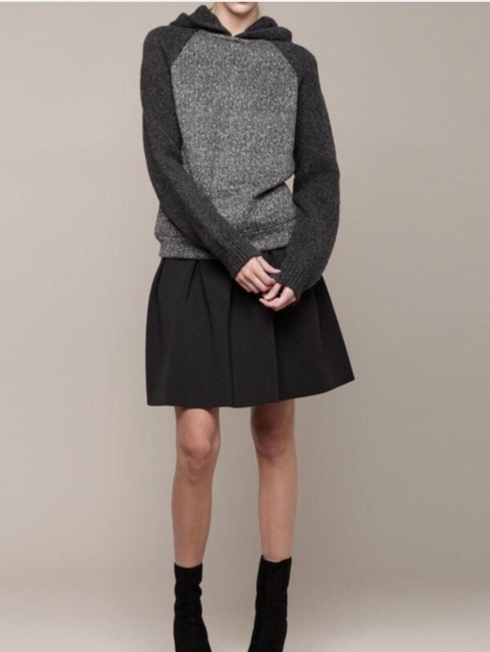 T BY ALEXANDER WANG Tweed Print Hoodie Wool Blend Sweater Gray Black Small